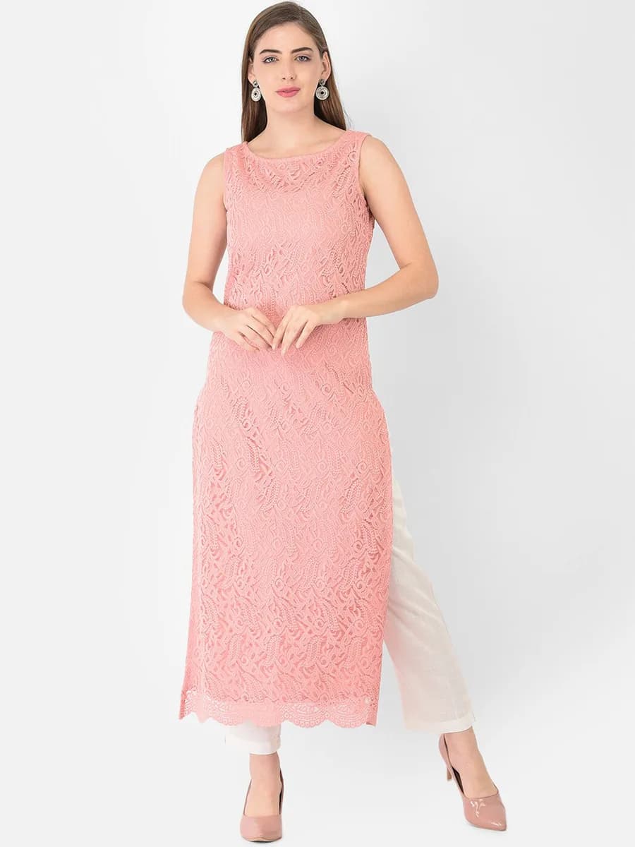Women Peach Self Design Lace Regular Smart Casual